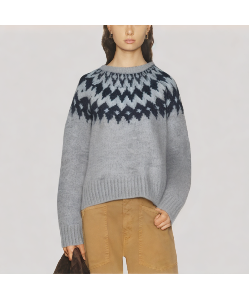 Color Blocked Jacquard Crew Neck Sweater